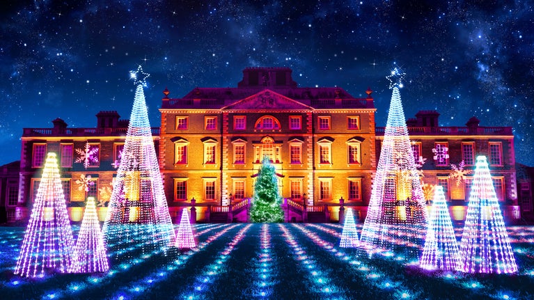 Wimpole Hall illuminated by Christmas lights